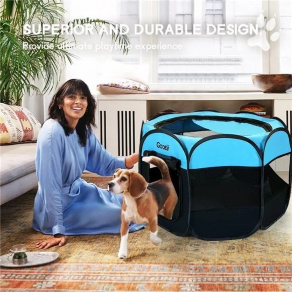 Small Dog Playpen Portable Collapsible (Small Size, Black/Blue)